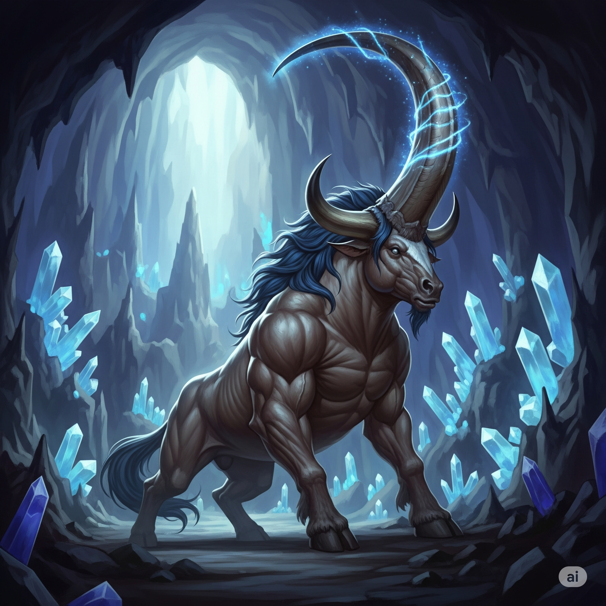 Image depicting an artistic interpretation of the Indrik in its subterranean domain or on its Holy Mountain